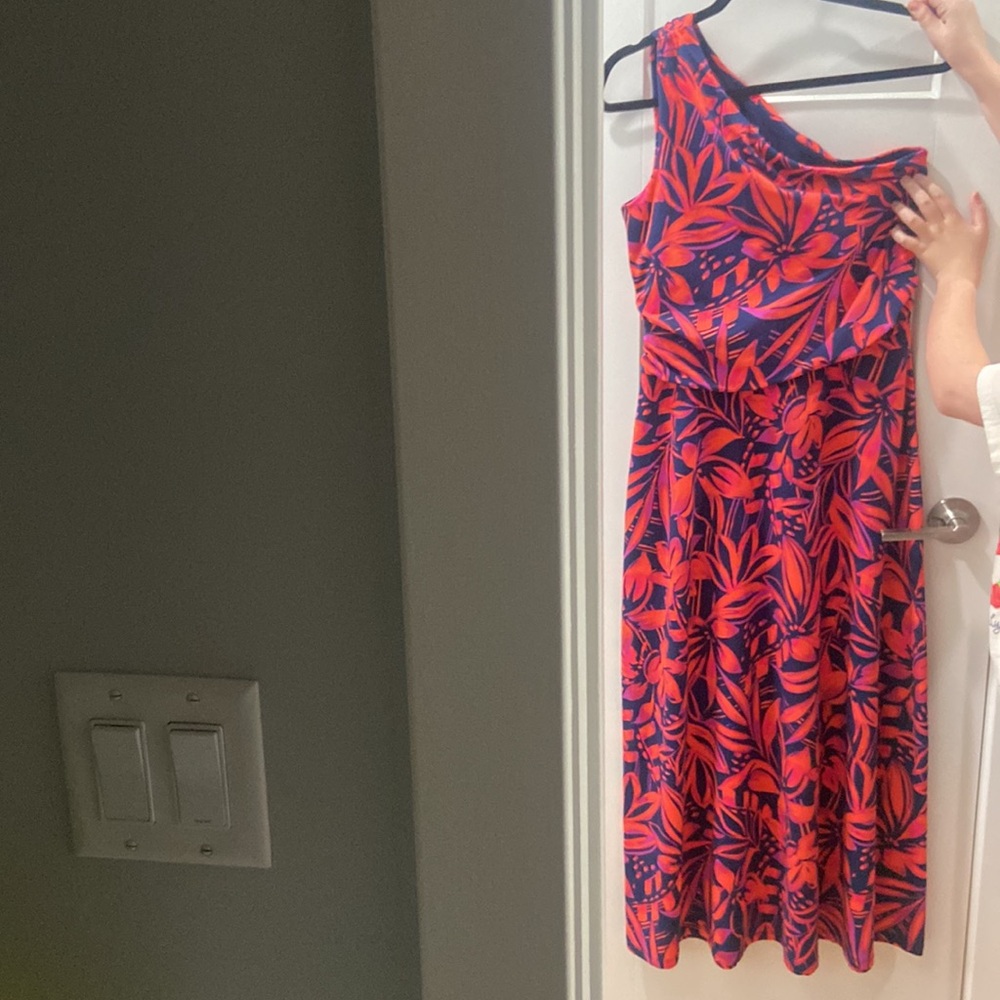 Lands' End one shoulder tropical floral print midi dress NWOT medium 10-12 - Picture 5 of 8
